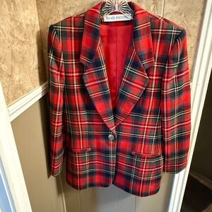 Vintage Evan Picone Plaid Blazer Wool Blend Union‎ Made Red Career Jacket Sz 6